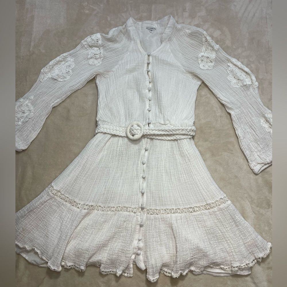 GUESS White Boho Mini Dress Size S Belted Lace Ruffle Cottagecore